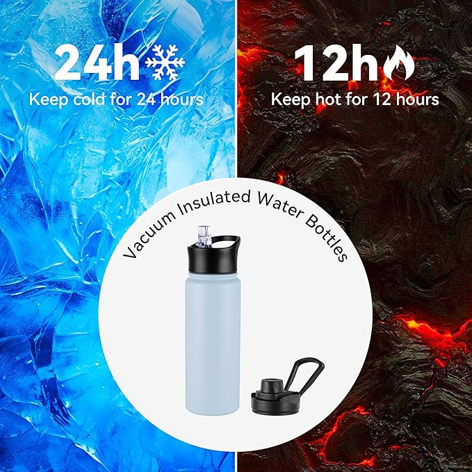 24oz Insulated Water Bottle with Straw Lid, Stainless Steel Metal Water Bottle with Straw & Wide Mouth Lid, Double Wall Vacuum Water Bottle for Hiking Camping, Light Blue 8 Pack