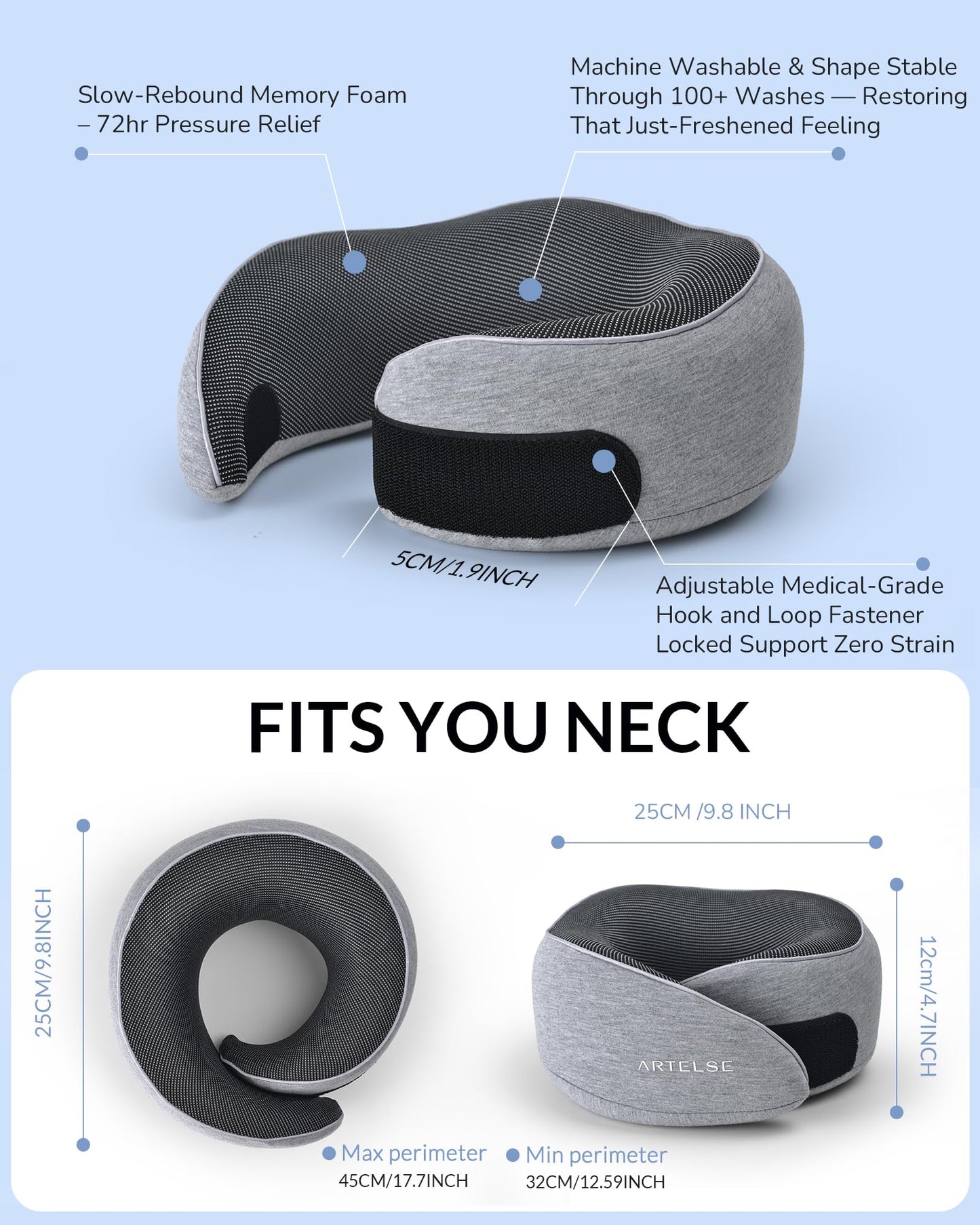 Artelse Neck Travel Pillow for Rest - Memory Foam Travel Pillow for Airplane, Comfortable Breathable Cover, 360 Degree Support Ergonomic Design Best for Flight, Train, Sleeping, Travel Essentials