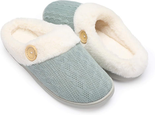 Chantomoo Womens Slipper Warm Comfy Memory Foam House Slippers Knitted Shoes Faux Fur Lined Anti-Skid Rubber Sole Bedroom Cozy Indoor Outdoor Slippers