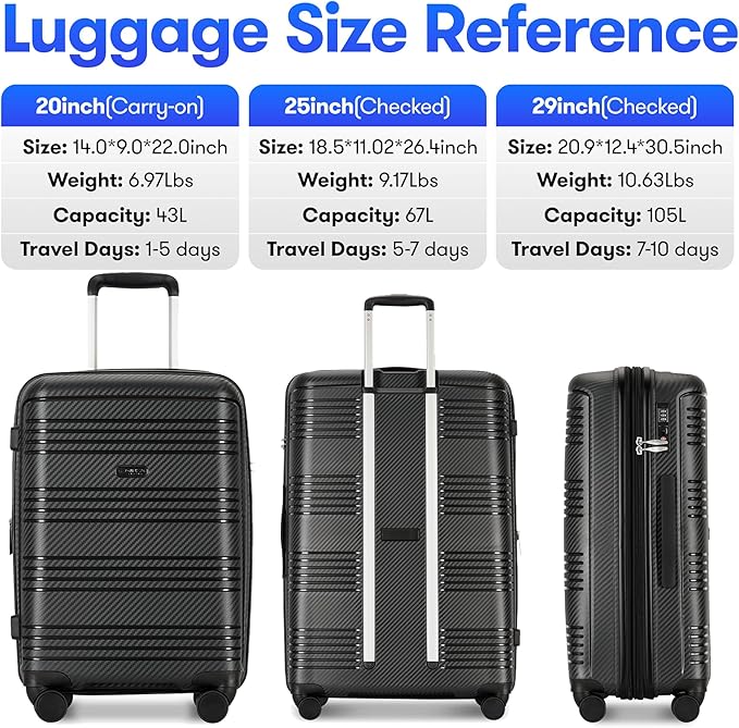 3 Piece Expandable Luggage Sets PP Hardshell Lightweight Suitcase sets with Spinner Wheels STSA Lock, 20/25/29inch, Black