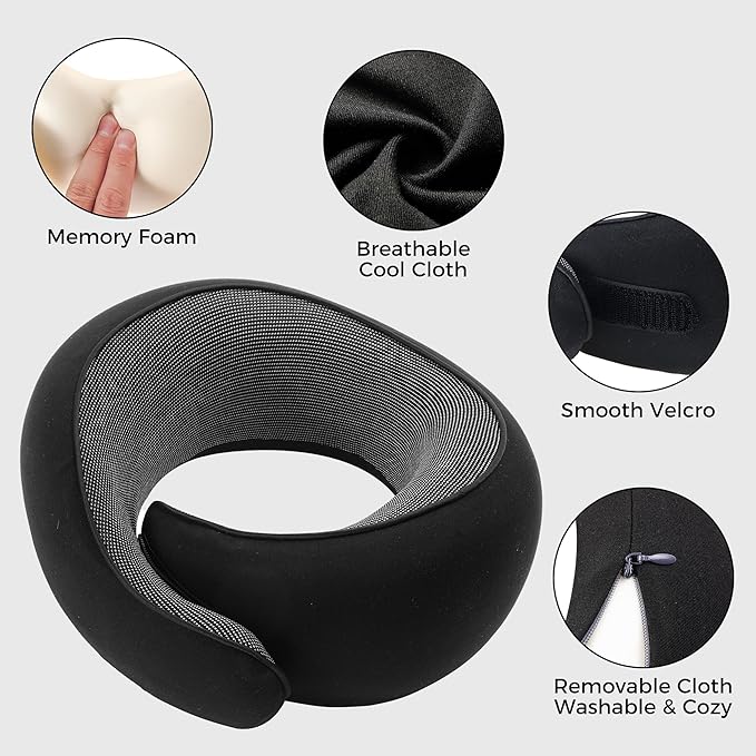 Travel Pillow,Travel Neck Pillows for Airplanes,Comfortable Breathable Cover,Memory Foam 360 Degree Support Stowable Pillows,Ideal Accessory for Sleeping Offices and Cars(Pure Black)