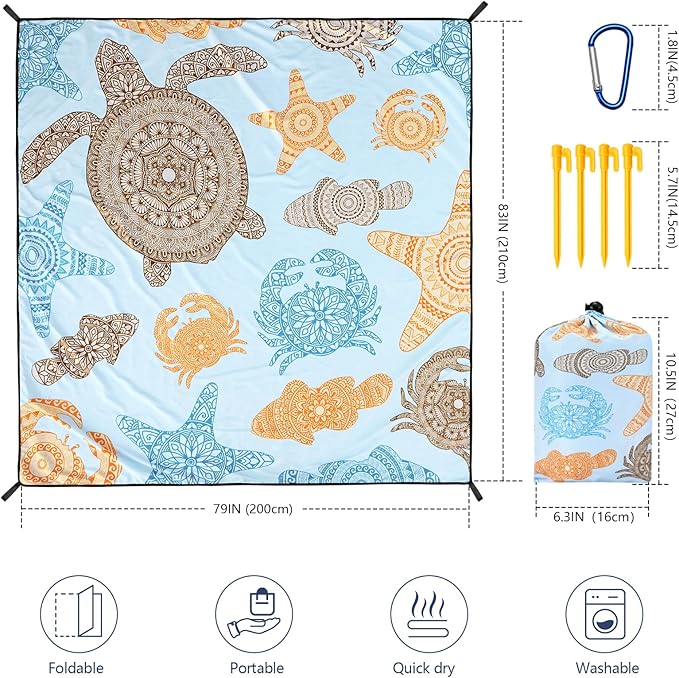 Beach Blanket Waterproof Sandproof Beach Mat 79" X 83"/10'x9'for 2-8 Adults Quick Drying Outdoor Picnic Mat Beach Accessories for Travel, Camping, Hiking