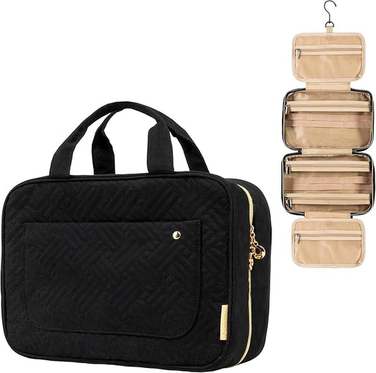 Carrywell |Not Made In China| Hanging Toiletry Travel Bag For Women, Makeup Organizer Case, Water-Resistant Cosmetic Bag For Full-size Containers, Toiletries (Black, Large)