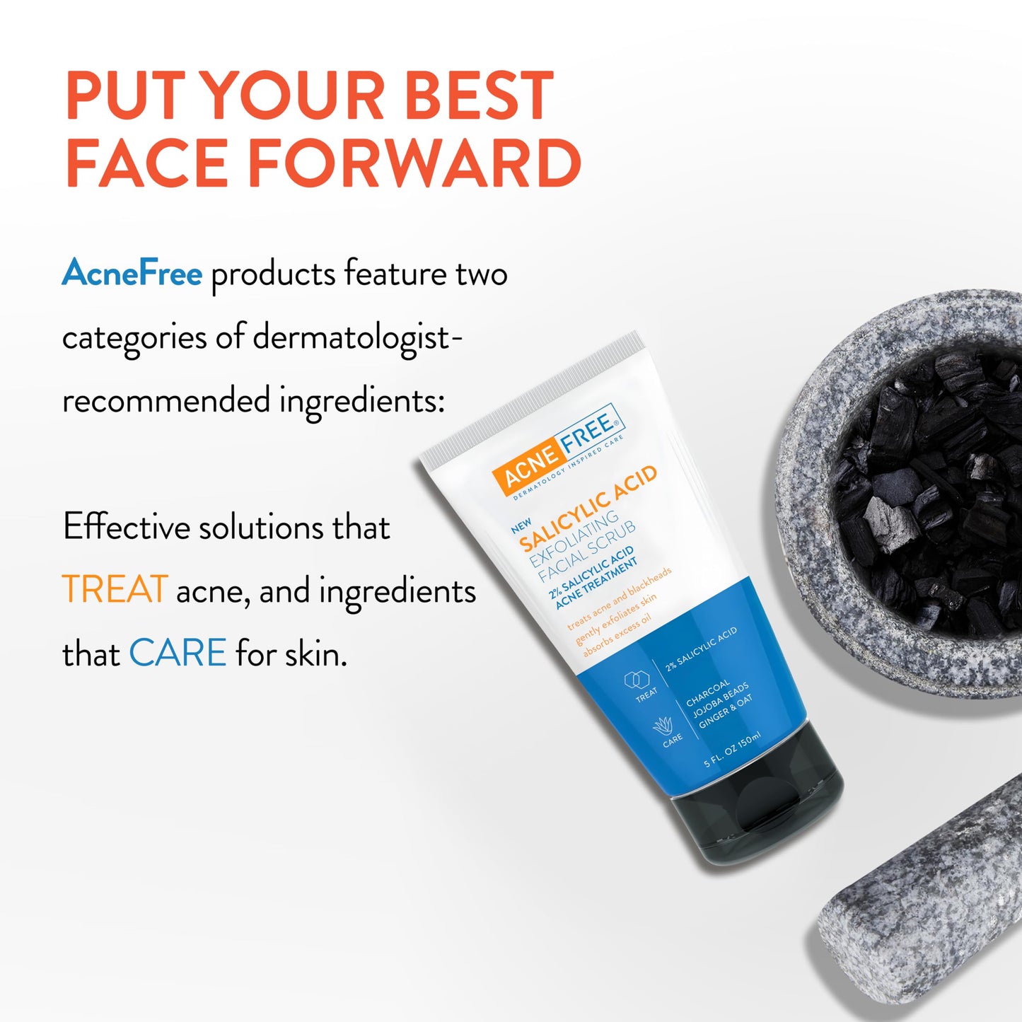 Acne Free Salicylic Acid Exfoliating Face Scrub, 2% BHA Blackhead Remover & Acne Treatment, Deep Cleanse with Charcoal & Jojoba Beads, Gentle Exfoliation with Ginger & Oats, 5 Ounce