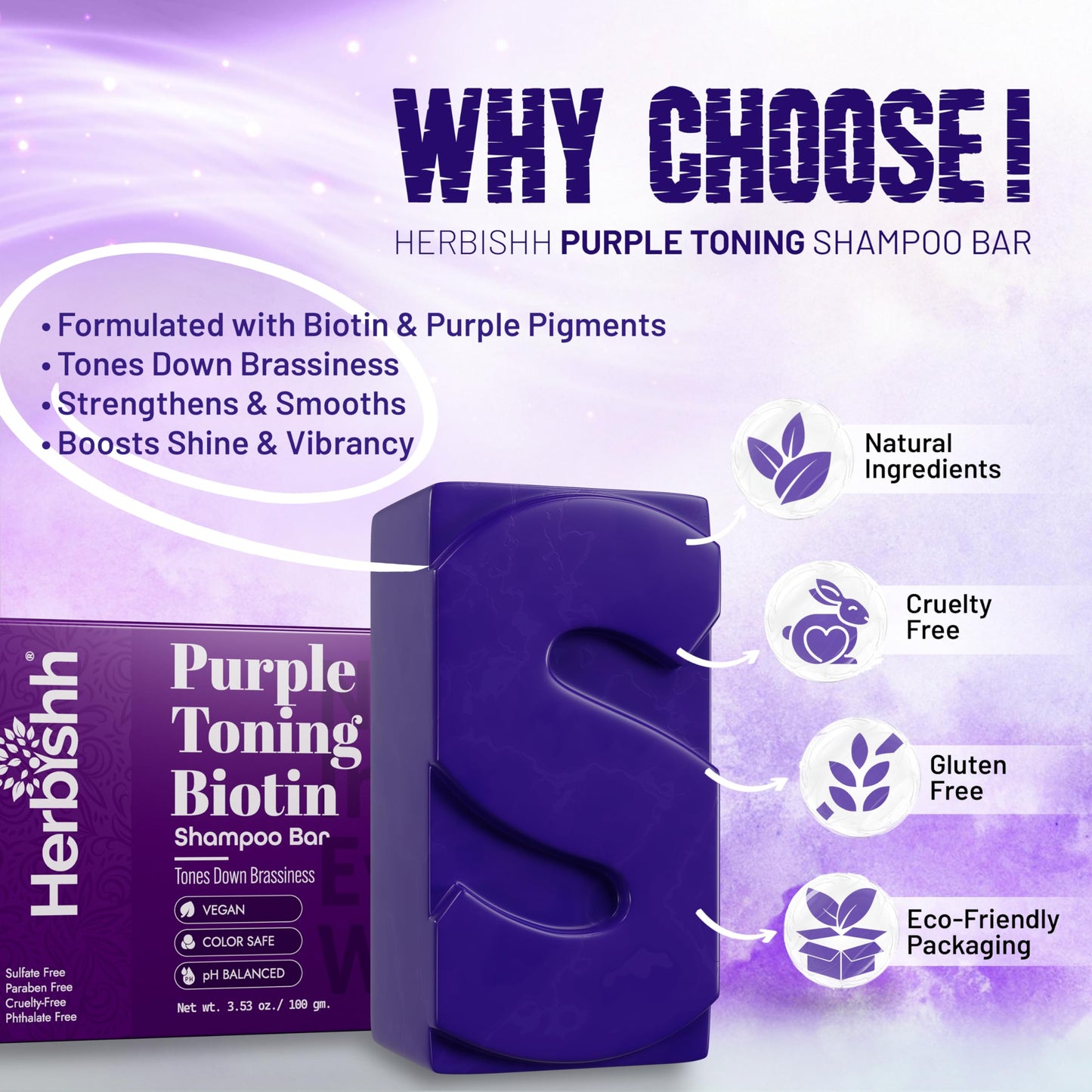 Herbishh Purple Shampoo Bar for Blonde Hair with Biotin – Solid Bar to Neutralize Brassy Tones, Strengthen & Add Shine, For Grey Coverage, Color-treated & Highlighted Hair Vegan & Sulfate-Free 3.53 oz