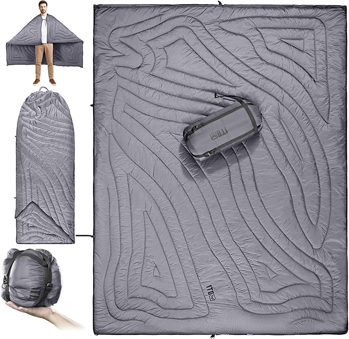 Camping Blanket, Packable, Lightweight Camp Quilt with Zipper, Multifunctional Outdoor Sleeping Blanket for Backpacking, Travel, Stadium, Beach