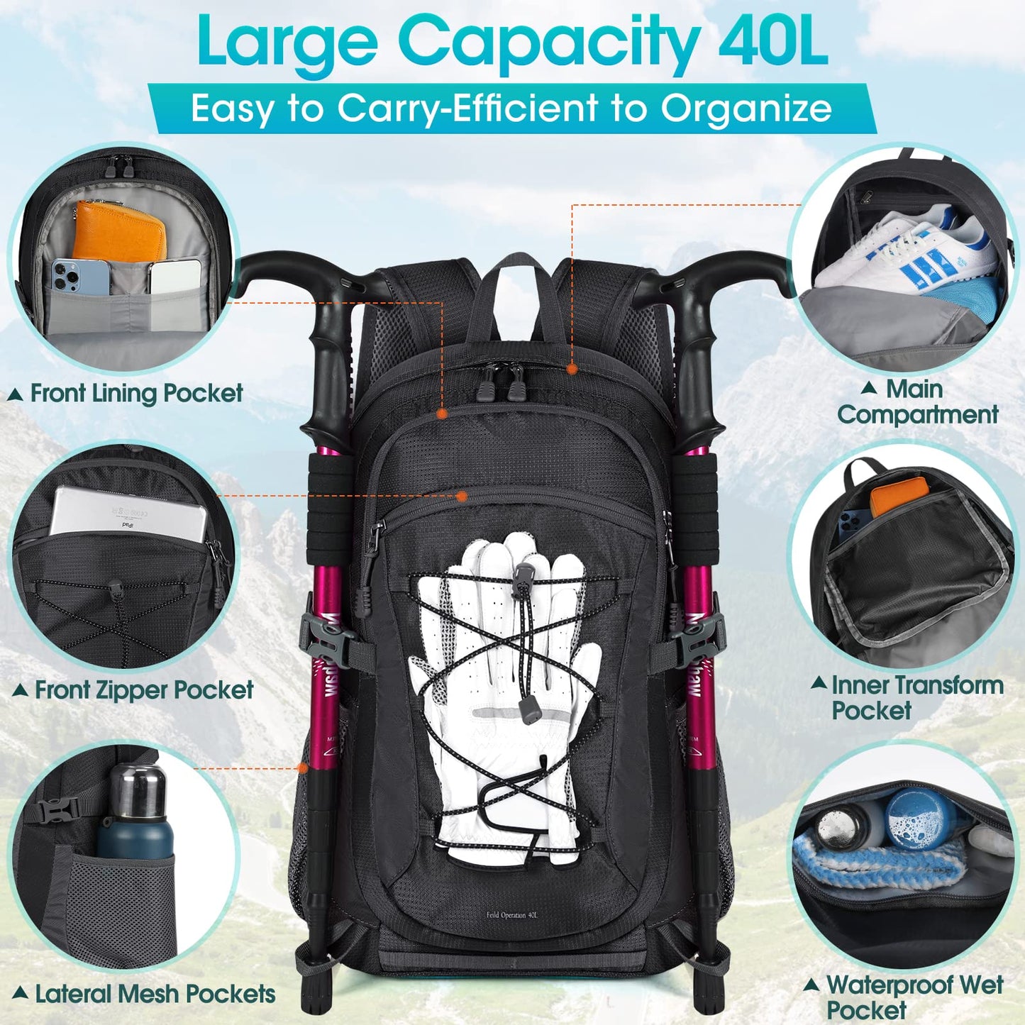 RAINSMORE Hiking Backpack 40L Waterproof Camping Lightweight Packable Backpack for Women Men Outdoor Travel Daypack