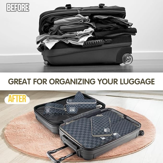 8 Set Compression Packing Cubes for Travel, Lightweight Dual Zipper Packing Cubes, Space-Saving Suitcase Organizer for Travel/Business Trip/Family Vacation (Blue-Gray Checkered)