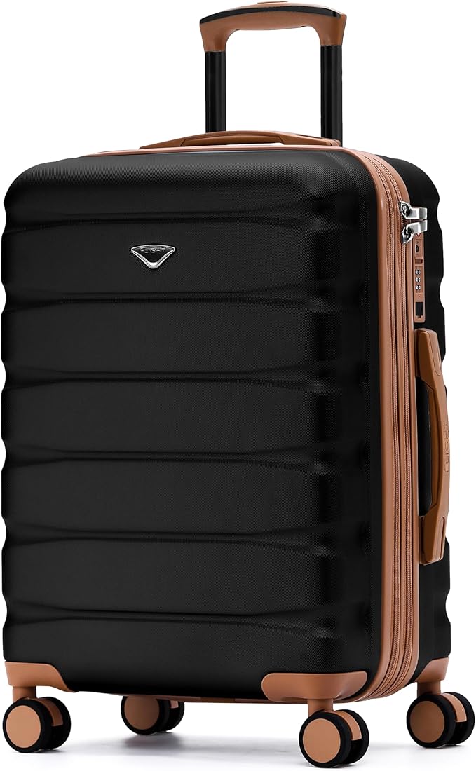 Carry On Suitcase Hardside TSA Lock & USB Port Silent Double Spinner Wheels Maximum Overhead Carry-On Bag Approved For Many Airlines( 22x18x10" ,Black/Tan )