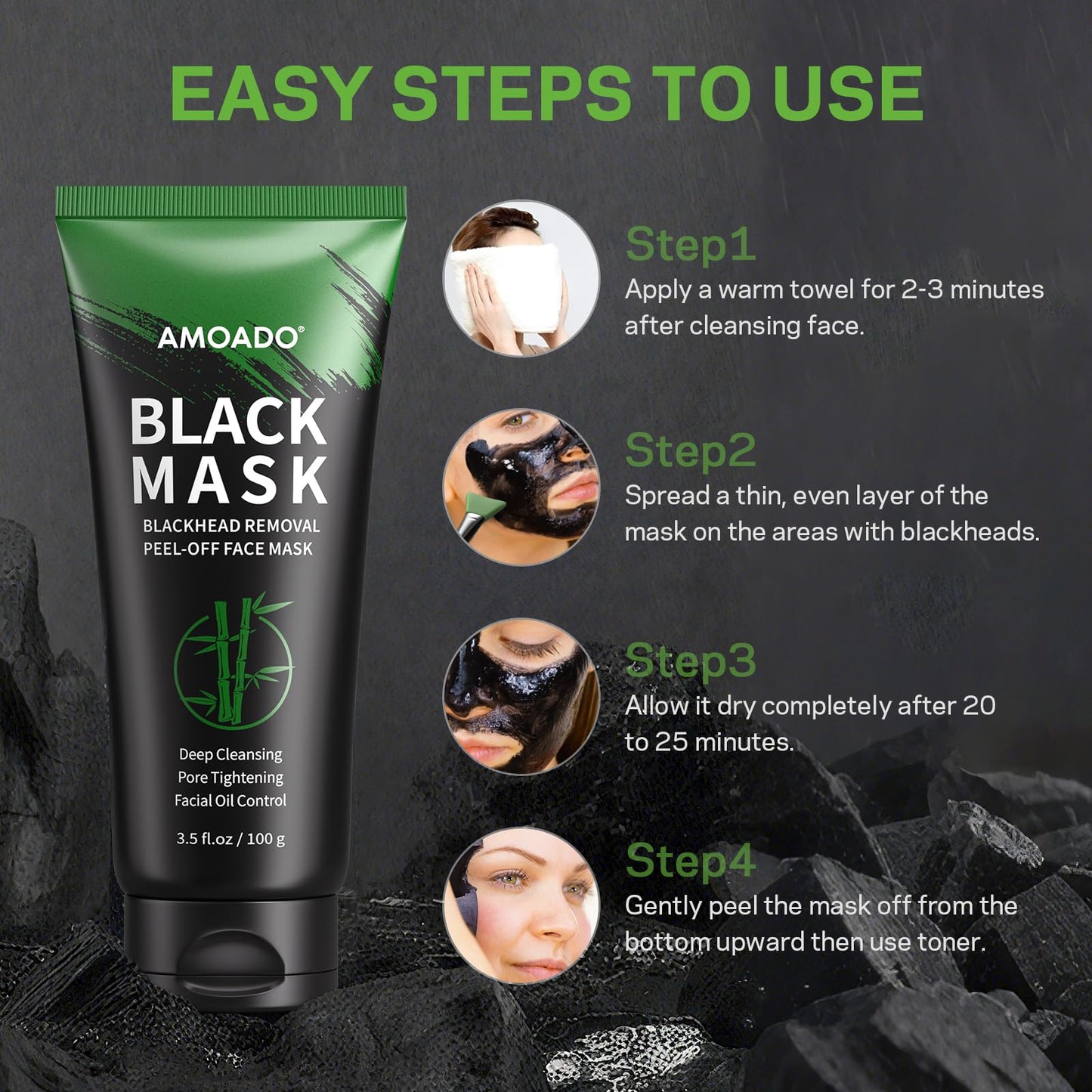 AMOADO Blackhead Remover Mask, Charcoal Peel Off Face Mask Kit, (100g) Deep Pore Cleans,Oil Control, Blackheads Removal Peel Off Black Mask for Men & Women – Includes Brush,Extractor Tool