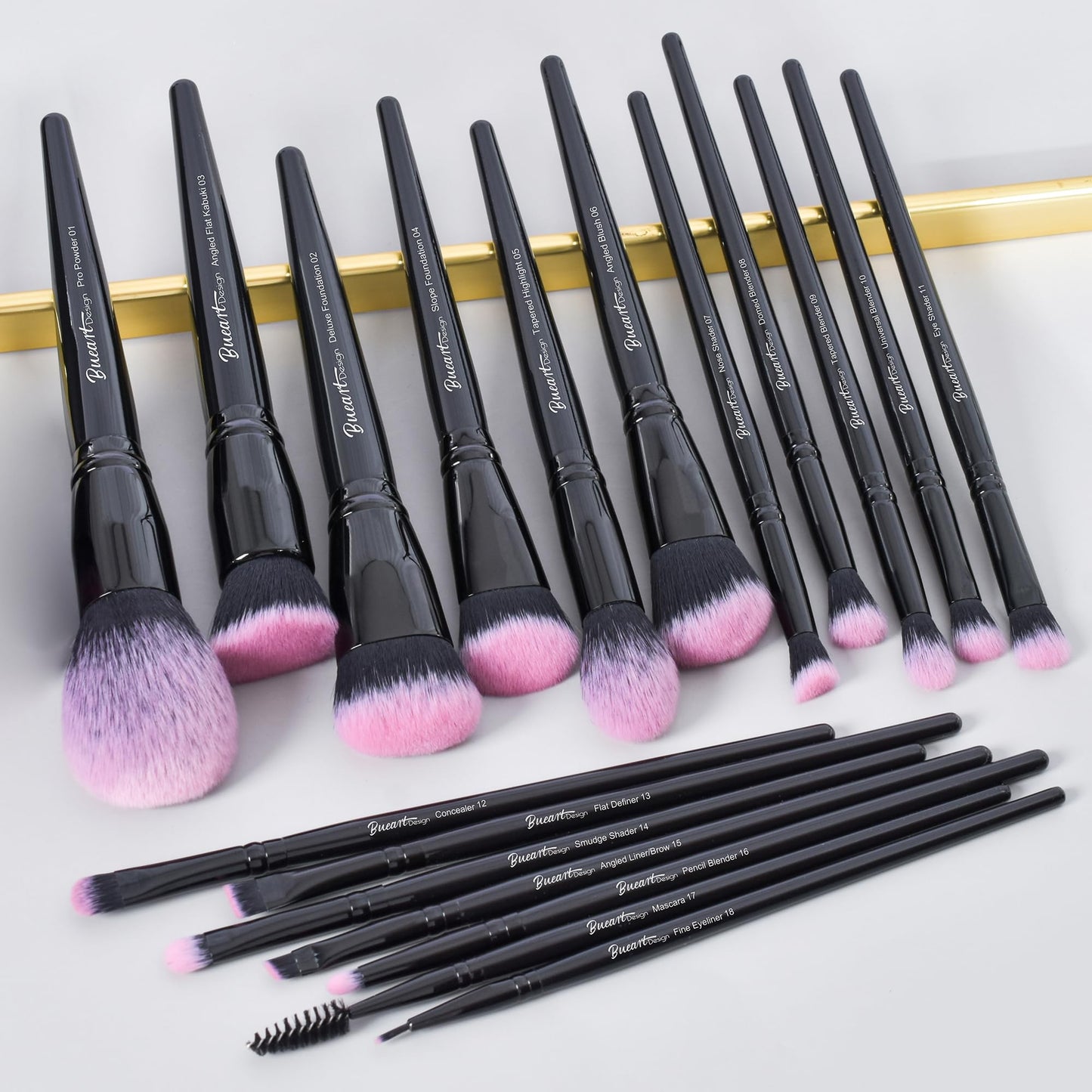 Bueart Design 18Pcs Pro Deluxe Fuchsia Pink Black Makeup Brushes set with Travel Make up Brush Holder case Foundation concealer contour Blush eyeshadow face make up brush set