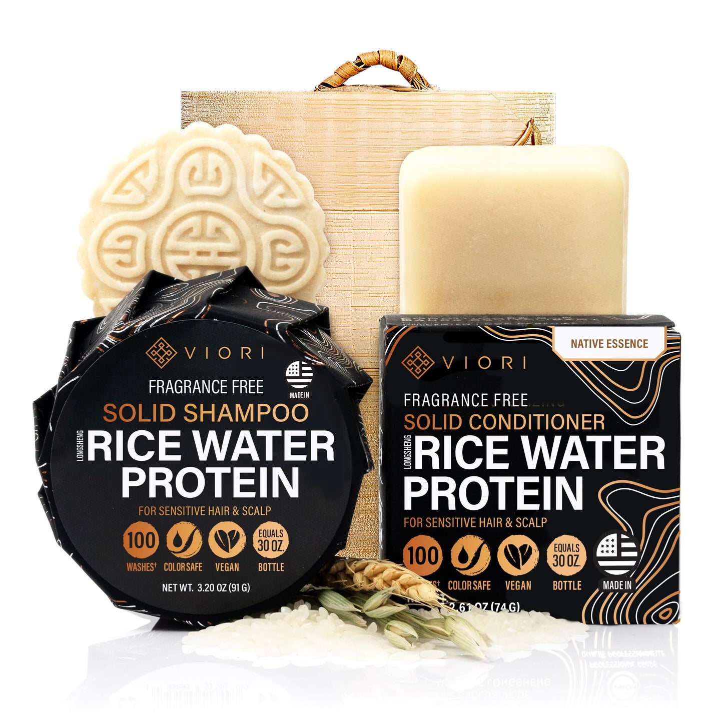 Viori Native Essence Shampoo and Conditioner Bar Set and Bamboo Holder - Made with Rice Water for Hair Growth - Handcrafted Sulfate Free Shampoo and Conditioner