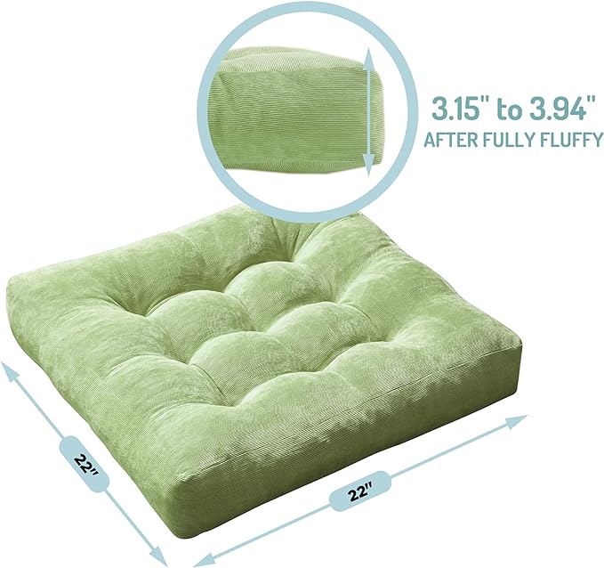 Meditation Floor Pillow Set of 2, Square Large Pillows Seating for Adults, Tufted Corduroy Cushion for Living Room Tatami, Green 22x22 Inch