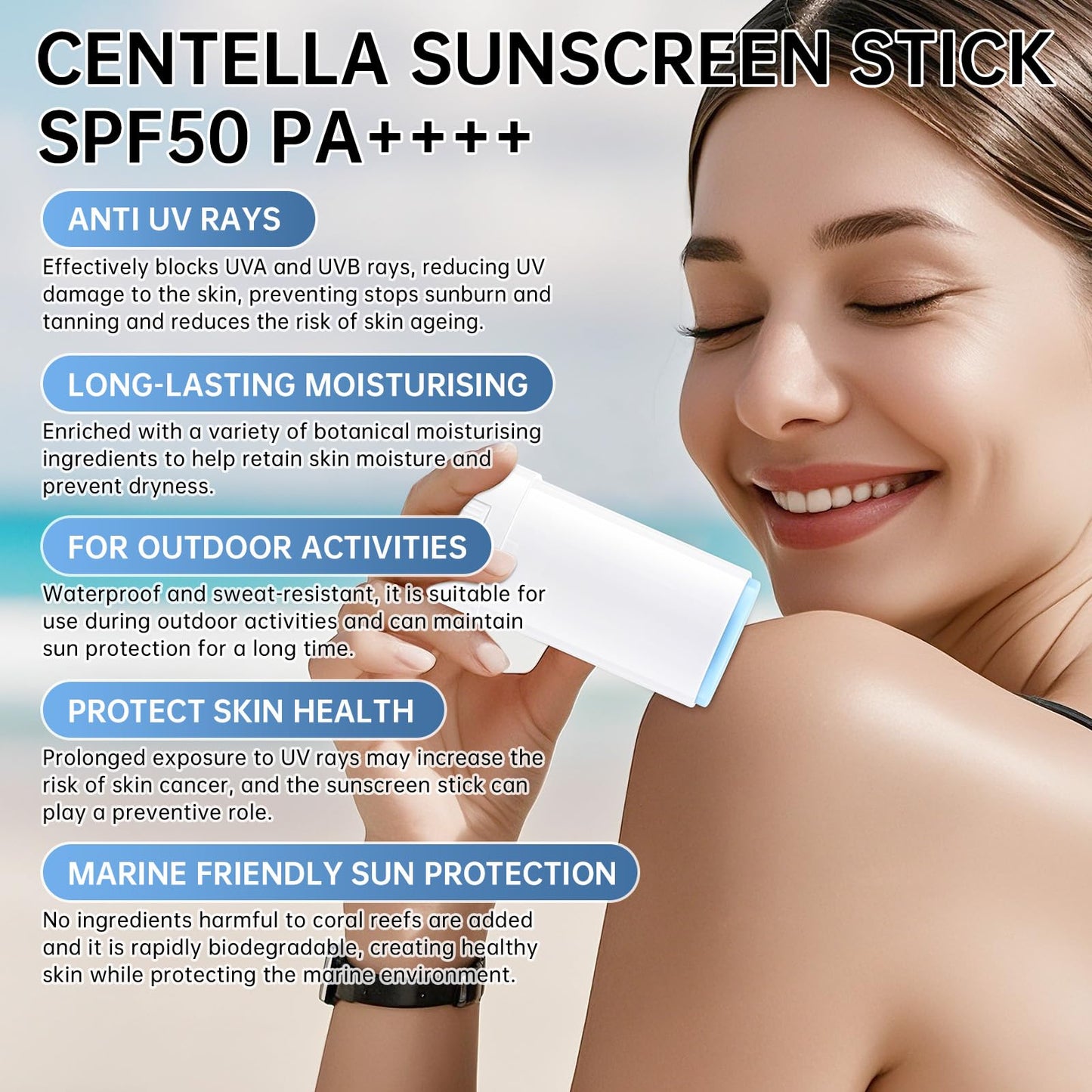 Face Suncream Stick with Centella SPF50+ PA++++, Sunscreen Moisturizer Travel Size 20 ml, Waterproof Long-Lasting, No White Cast, Lightweight to Absorb, Sunscreen Stick for All Skins