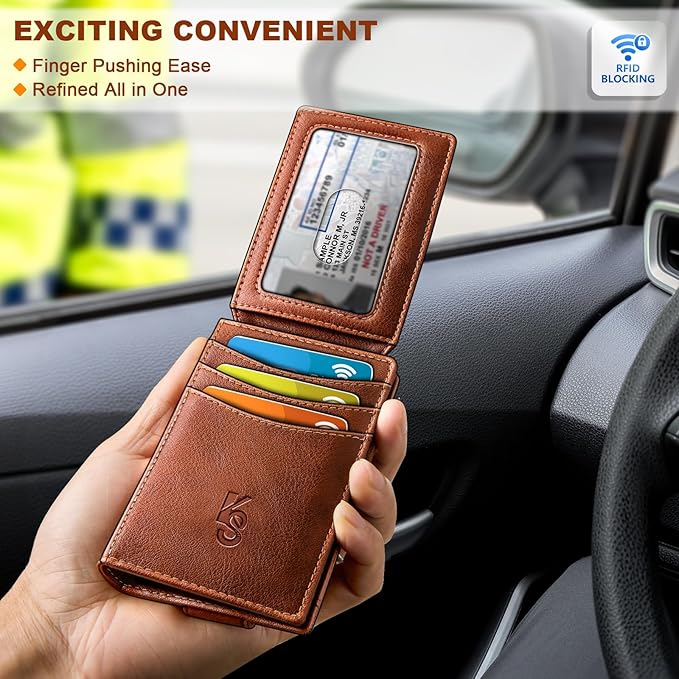KEMISANT Men Wallet, Slim Leather Wallet Money Clip Magnetic Closure ID Windows 14Cards RFID Blocking