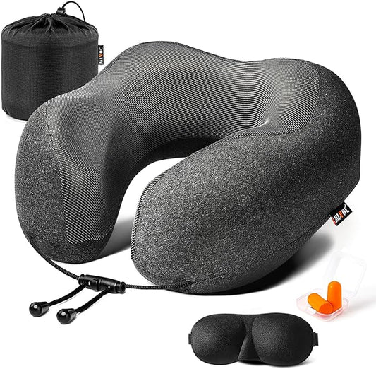 MLVOC Travel Pillow 100% Pure Memory Foam Neck Pillow, Comfortable & Breathable Cover, Machine Washable, Airplane Travel Kit with 3D Contoured Eye Masks, Earplugs, and Luxury Bag, Standard (Black)