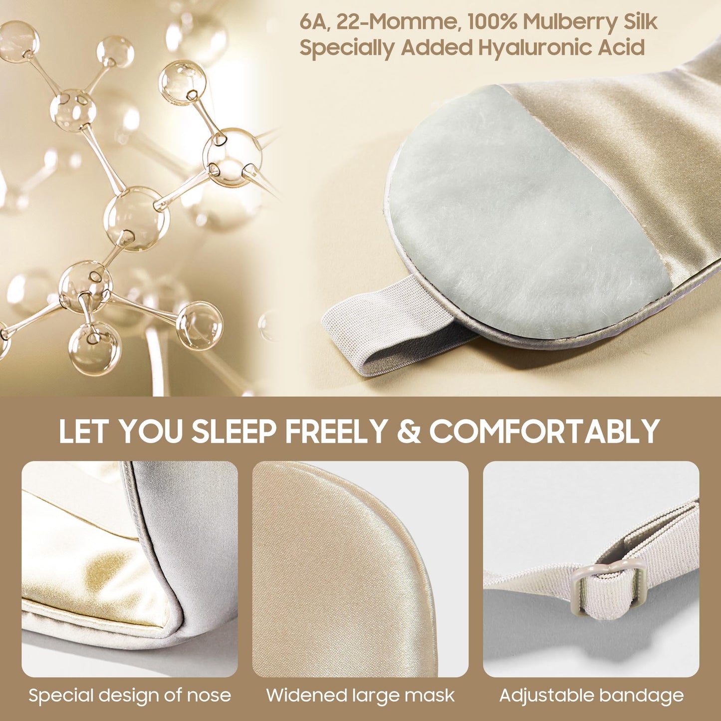 Sleep Mask 100% Mulberry Silk for Light Blocking, ZOESMIEN Eye Mask for Women Men Side Sleeper, Puffiness Dry Eyes Headache, Adjustable Strap, Christmas Gift Package, Champagne Gold