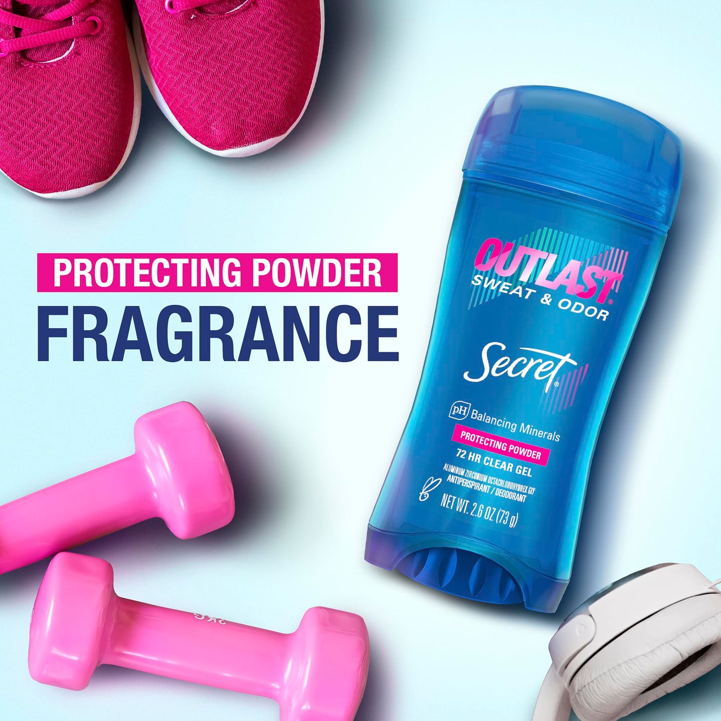Secret Outlast Antiperspirant Deodorant for Women, 72hr Sweat & Odor Protection, PH Balancing Minerals, Clear Gel, Protecting Powder Scent, 2.6 oz