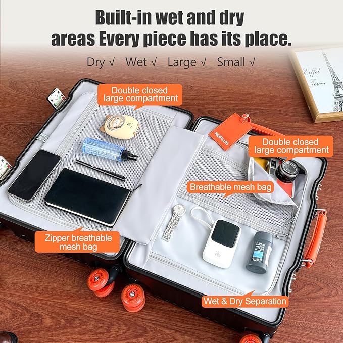 Aluminium Frame Checked-Luggage with Smooth Jelly Wheels, Hardside Zipperless Rolling Suitcase with TSA Lock (Black, 24-Inch)