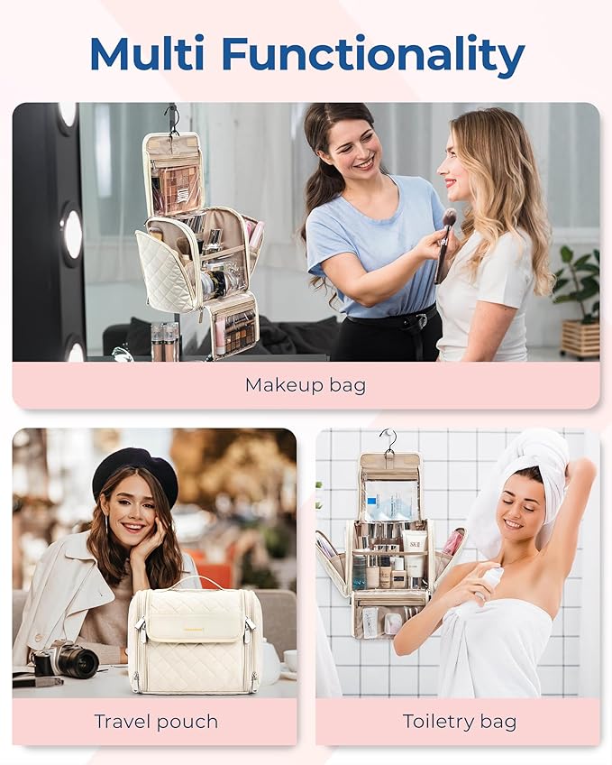 BAGSMART Toiletry Bag Travel Makeup Bag with Hanging Hook, Cosmetic Bag Make Organizer Case, Large Capacity Water-resistant Organizer for Toiletries Accessories Brushes Sponge, Beige