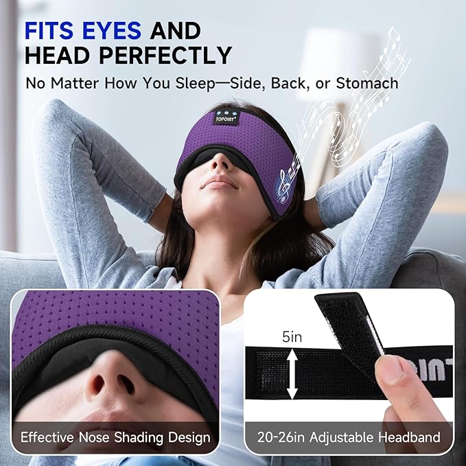 TOPOINT Sleep Mask Headphones Bluetooth Wireless 5.4, Breathable Cotton Eye Mask for Sleeping Side Sleepers Travel Music Headsets with Microphone Handsfree Men Women