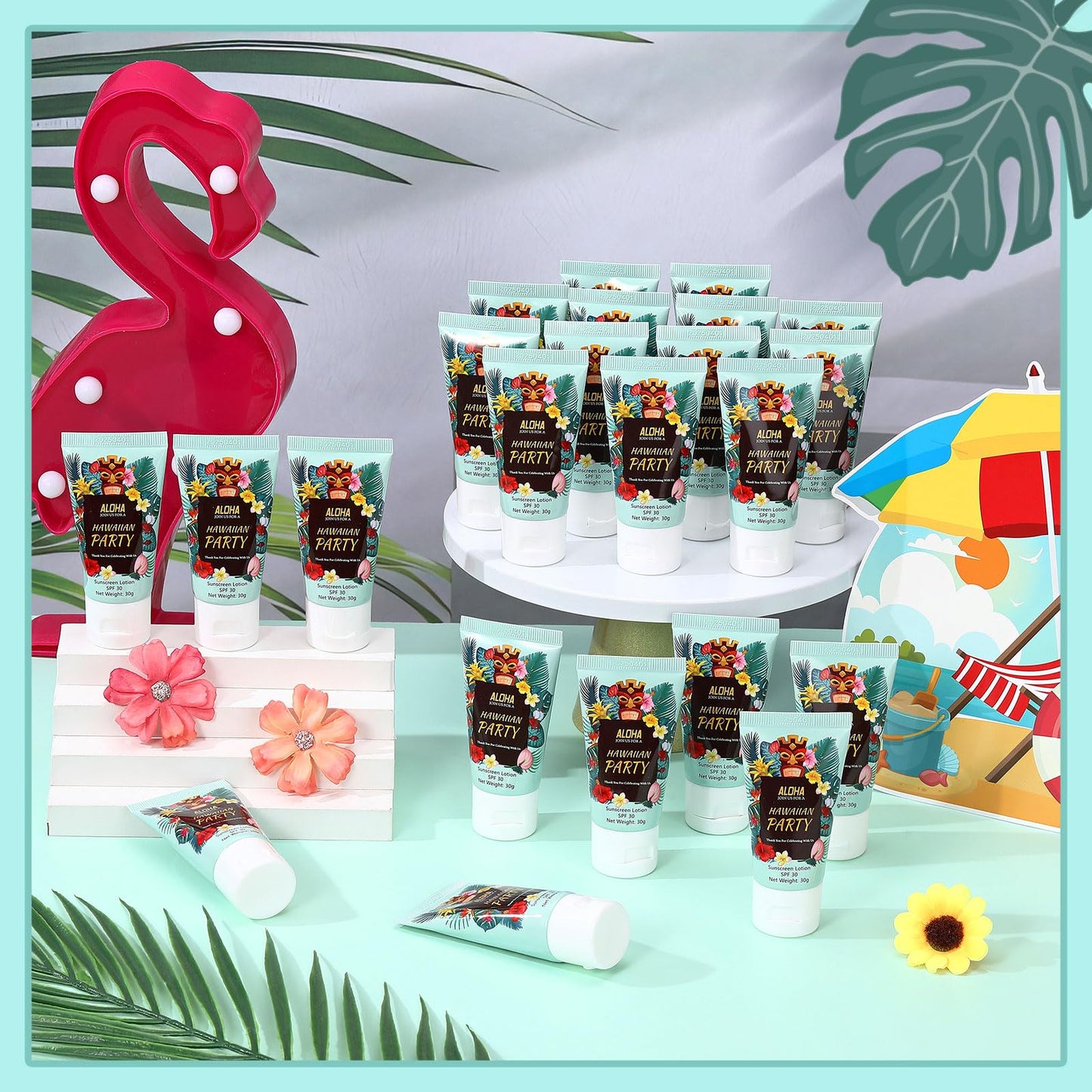 Dansib 36 Pcs Mini Sunscreen Bulk for Hawaiian Party Spf 30 Water Resistant Sunscreen Lotion Bulk 1oz Travel Size for Summer Party Supplies