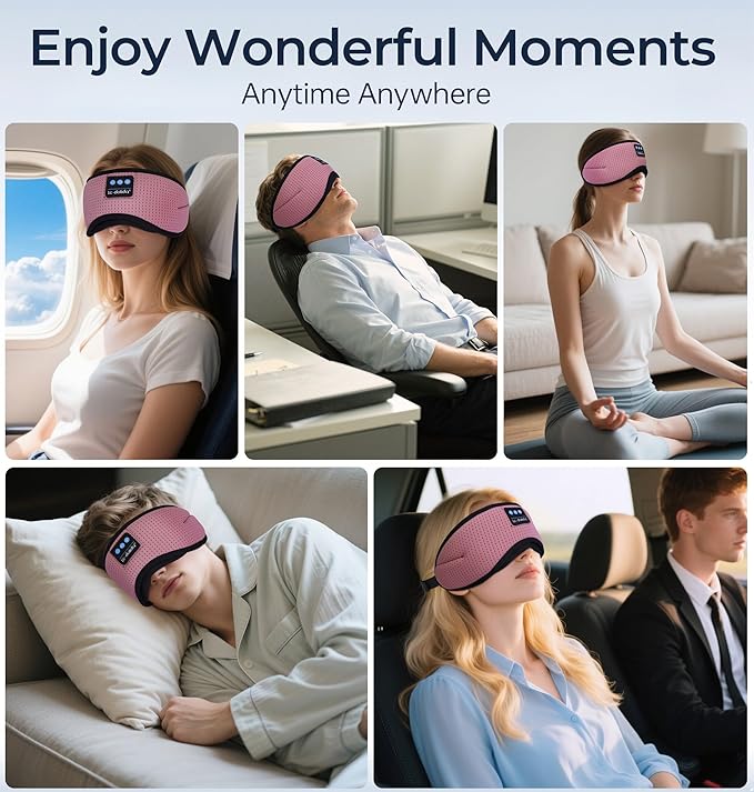 LC-dolida Bluetooth Sleep Mask with White Noise，Sleep Headphones,Bluetooth Wireless Music Eye Mask, Ideal for Travel, Night Work, Napping, Side Sleeping and Office Use for Both Men and Women(Pink)