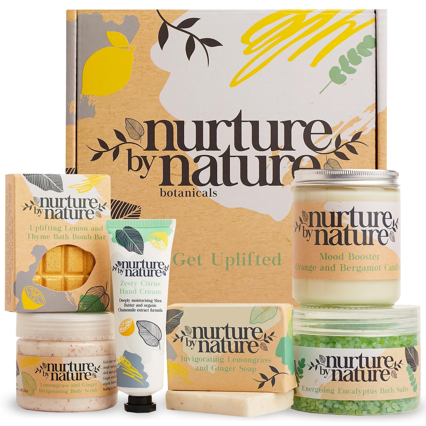 Nurture by Nature RELAX & UPLIFT Spa Kit for Women – Birthday Gifts for Women – 6 Piece Gift Basket with Hand Soap, Body Scrub, Hand Cream & More - Vegan Self Care Kit - Relaxation Gifts for Her