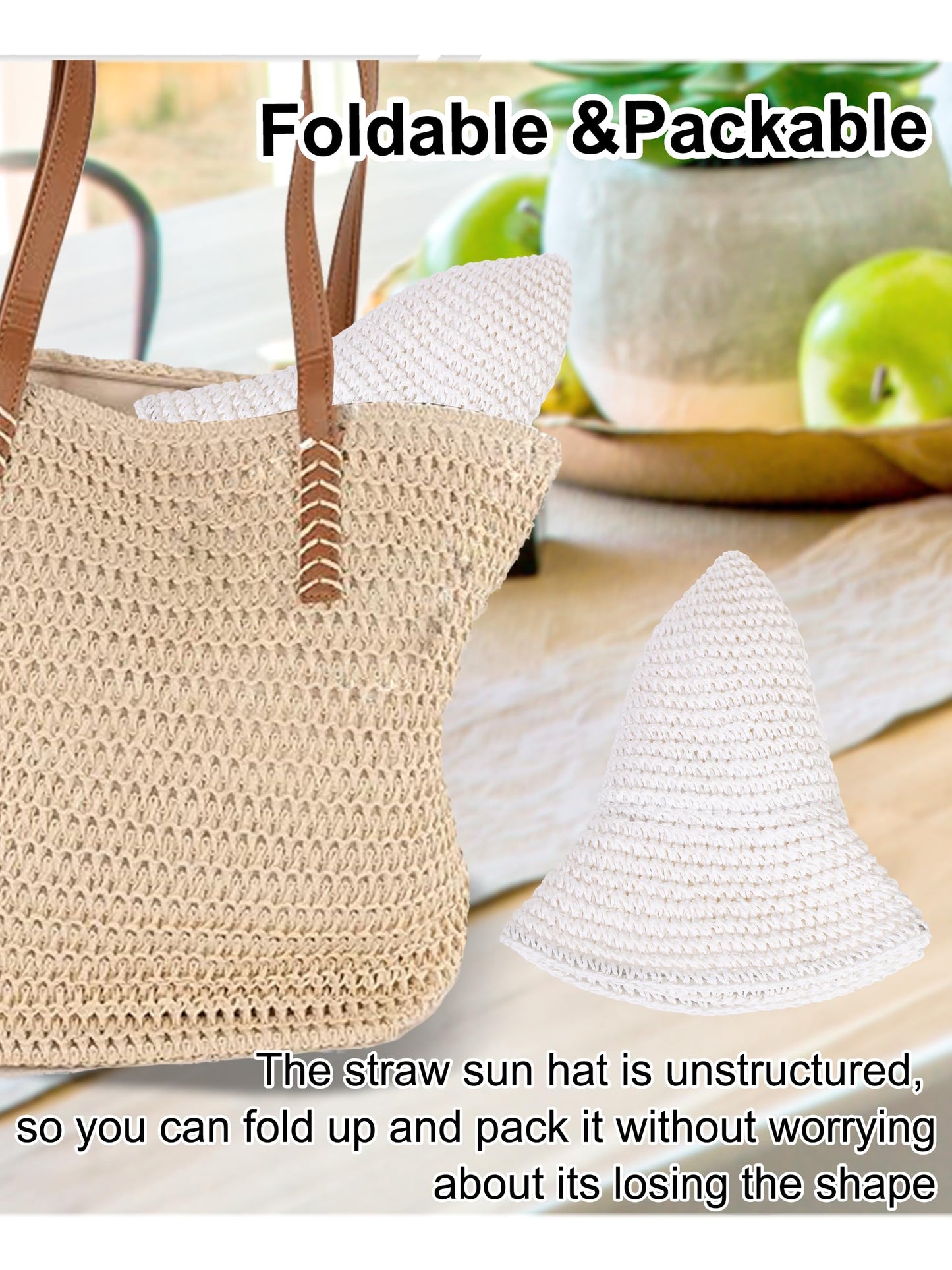 Womens Sun Hat Handmade Crochet Straw Bucket Hat Summer UV Protection Foldable Travel Cap UPF 50+(White)