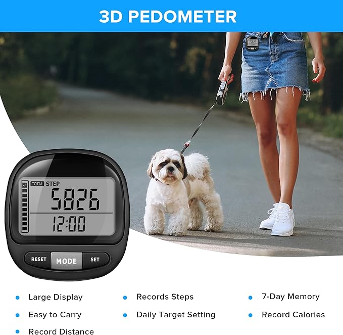 3D Pedometer Step Counter for Walking and Miles, Simple Step Tracker with Large Digital Display and Clip Lanyard, Steps Track Accurately Steps Monitor Watch for Women Men Adults Seniors Dog