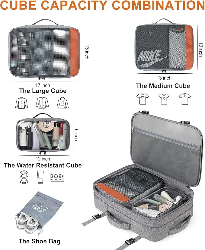 Carry on Travel Backpacks, Extra Large 40L Flight Approved Bag for Men & Women,Expandable Suitcase Backpack With 4 Packing Cubes,Water Resistant Luggage Daypack Business Weekender Bag,Grey