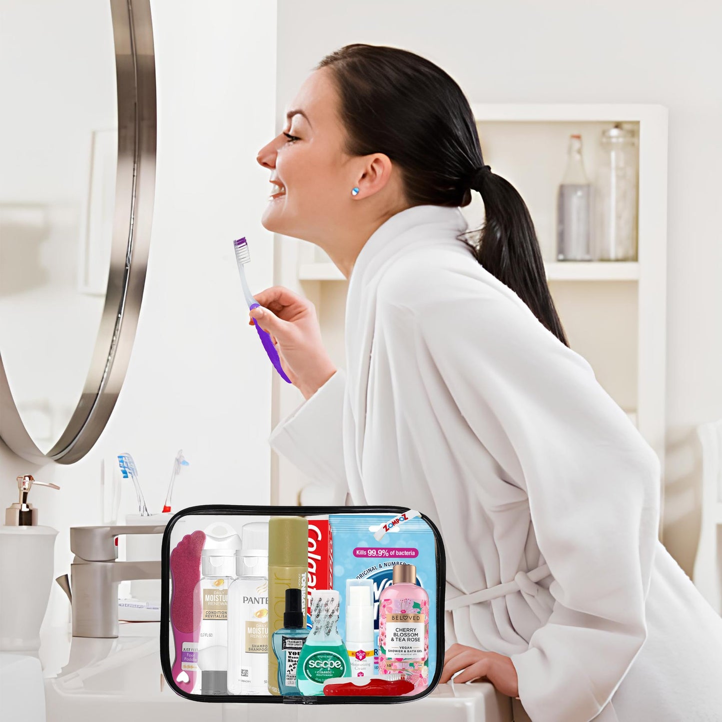 Womens Travel Toiletry Kit, 10 Travel-Size Hygiene Essentials for Bath, Shaving, Personal Care in TSA-Compliant Transparent Bag, Mini Toiletries Kit for Business, Charity, Womens Gift