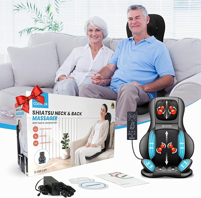 COMFIER Shiatsu Neck Back Massager with Heat,2D/3D Massage Chair Pad with App Control,Deep Tissue Kneading Massage Chair Pad with Compression,Chair Massager for Full Body,Gifts for Mom,Dad, Black