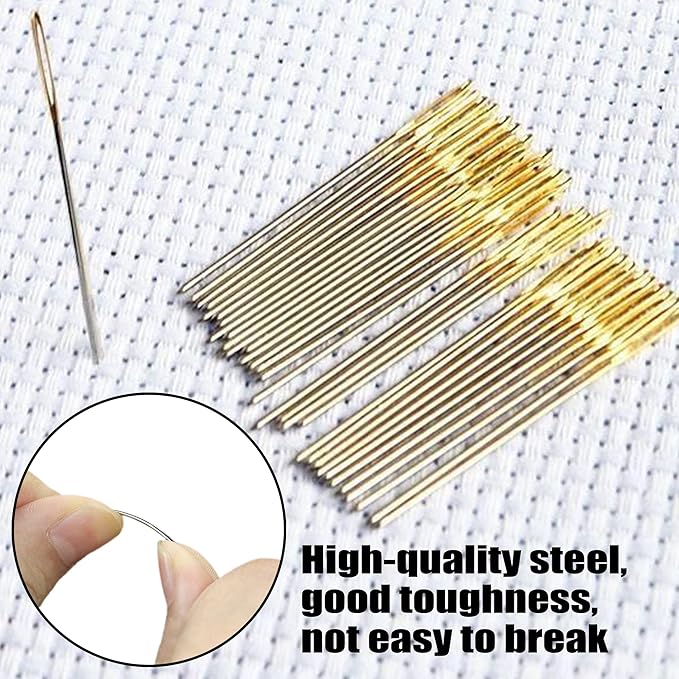 100pcs Cross Stitch Needles +2 Needle Threader Golden Color Large Eyes Cross Stitch DIY Embroidery Hand Needles Sewing Needles in Transparent Box (28#)