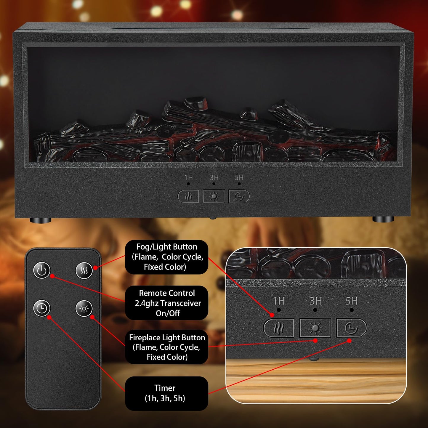 ONLYFU Mini Fireplace Aromatherapy Diffuser 7 Color Lights Fireside Bonfire Flame Air Humidifier for Home 150ml Timer & Auto-Off Essential Oil Diffuser with Remote for Spa, Yoga, Office (Black)