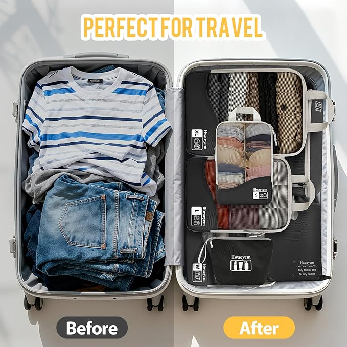 Compression Packing Cubes 8 Set, Dual Zipper Compression Packing Cubes for Travel, See-Through Mesh Packing Bags for Suitcases, packing cubes with shoe bag (Black)