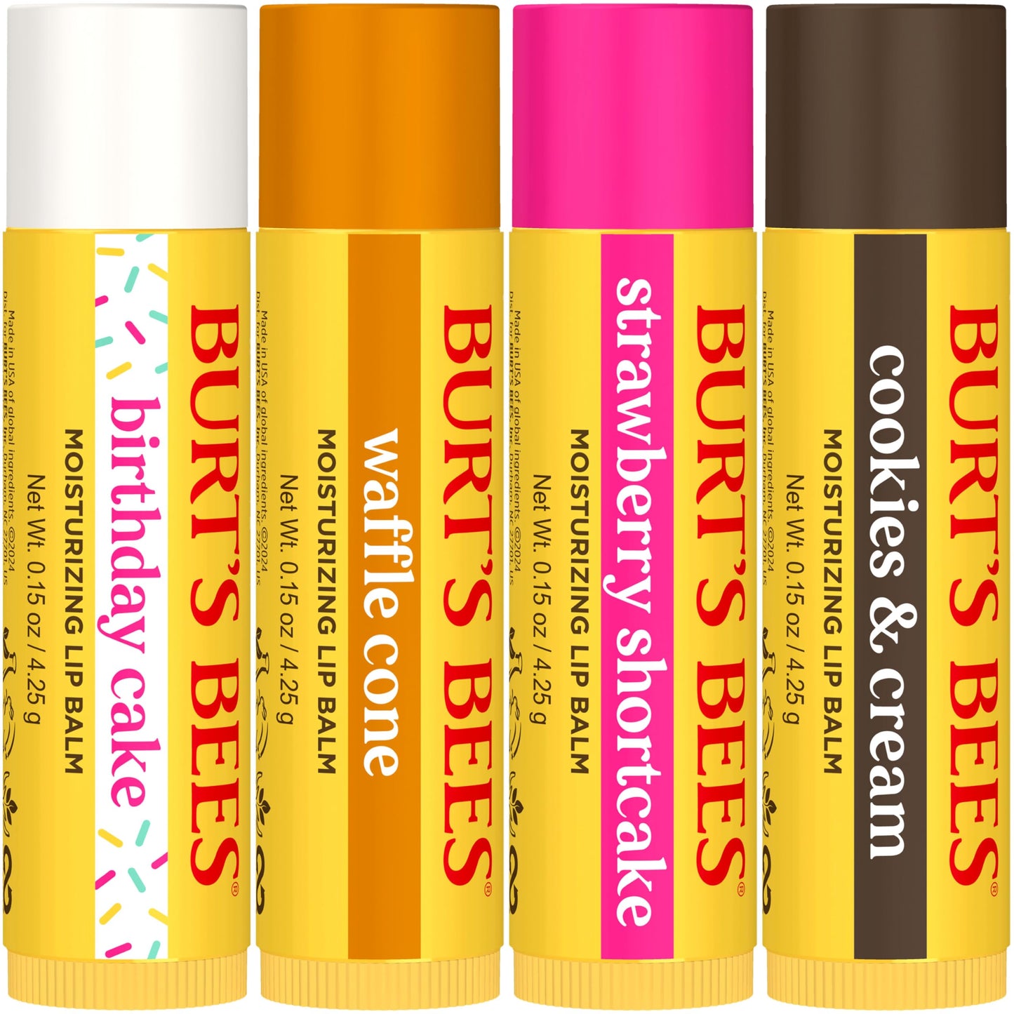 Burt's Bees Lip Balm Party Pack - Birthday Cake, Waffle Cone, Strawberry Shortcake, and Cookies & Cream, All Day Moisturizer, Tint-Free, Natural Origin Conditioning Lip Treatment, 4 Tubes, 0.15 oz.