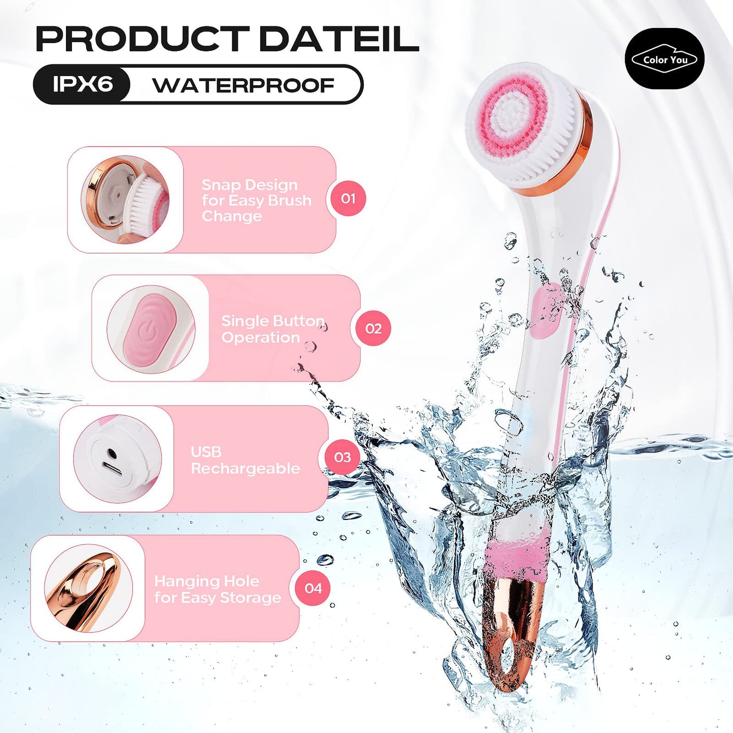 Color You Electric Body Brush for Exfoliating and Massage, Long Handle Electric Bath Brush Rechargeable Body Scrubber, Soft Silicone Spinning Skin Brush with 4 Spin Brush Heads for Man and Women