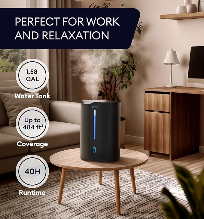 Top Fill Humidifier with Essential Oil Diffuser 6L for Home, Baby, Bedroom, Large Room & Indoor Plants, Cool Mist Ultrasonic Quiet Air Humidifiers, Automatic Humidity Control, Night Light (6L, Black)