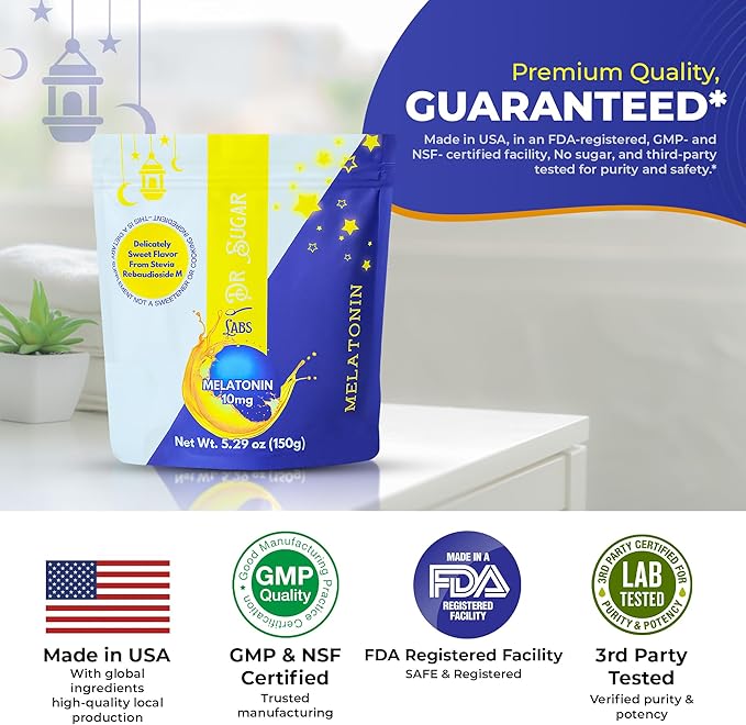 Dr Sugar Labs – Sleep Aid Melatonin Powder Drink Mix | 10mg Melatonin Sleep Supplement | 0 Sugar, Stevia-Sweetened with L-Theanine, GABA & Fiber | Bedtime Drink Mix for Restful Sleep – 30 Servings