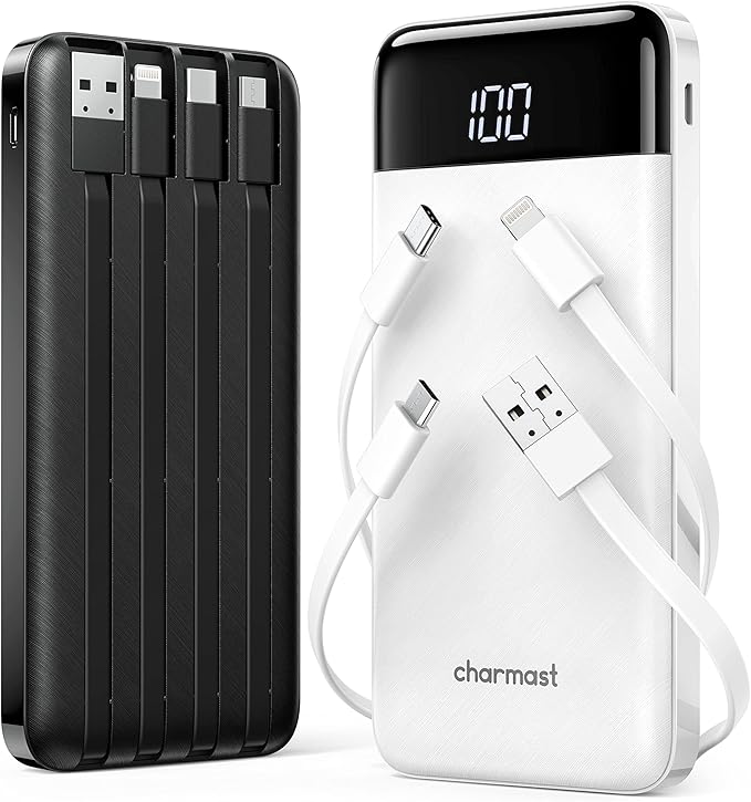 2 Packs Portable Chargers with Built in Cables, 2PCS Slim 10000mAh Travel Essentials Battery Pack 6 Outputs 3A Power Banks for iPhone Samsung Pixel LG Moto iPad