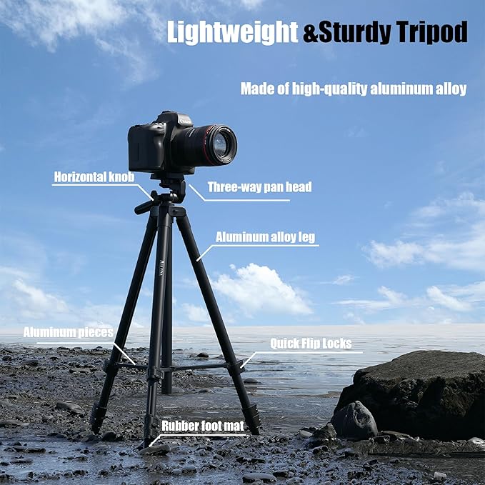 71″ Camera Tripod Aluminum Tall Tripod Stand Compatible with Canon Nikon with Wireless Remote Phone Holder and Bag Max Load 6.6 LB