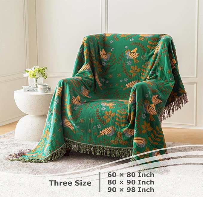 Boho Throw Blanket for Bed 100% Cotton Ultra Soft Rustic Quilt Fall Blanket Bird Floral Printed Farmhouse Decor Bed Blankets,80"×90" All Season Rustic Throw for Sofa Couch Chair