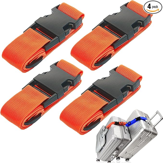 4Pack Luggage Straps Add Bag Luggage Straps to Connect Two Suitcases, Adjustable Luggage Belt Connector for Carry On, Travel Attachment Accessories for Connect Your 3 Luggages, Orange