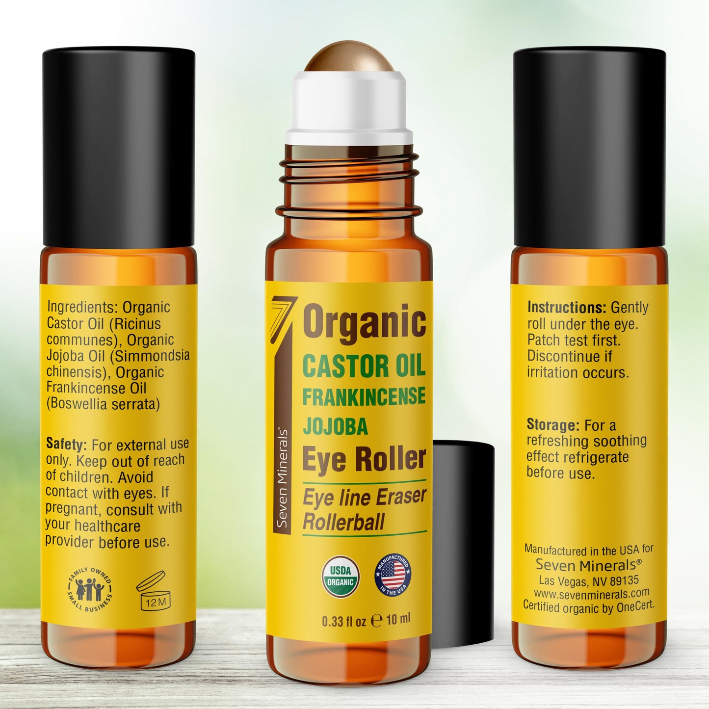 Seven Minerals Castor Oil Roll On Eye Roller for Under Eye Bags, Dark Circles & Wrinkles - Powerful Organic Blend of Castor, Frankincense & Jojoba - Brighten, and Revitalize Skin & Face - 0.33 fl oz