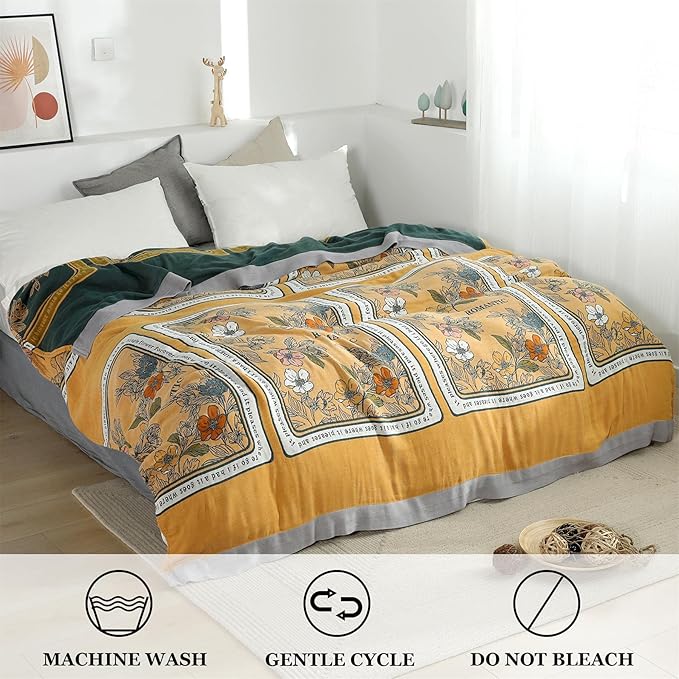 Boho Throw Blanket for Bed 100% Cotton Ultra Soft Rustic Quilt Fall Blanket Floral Printed Farmhouse Decor Bed Blankets,60"×80" All Season Rustic Throw for Sofa Couch Chair