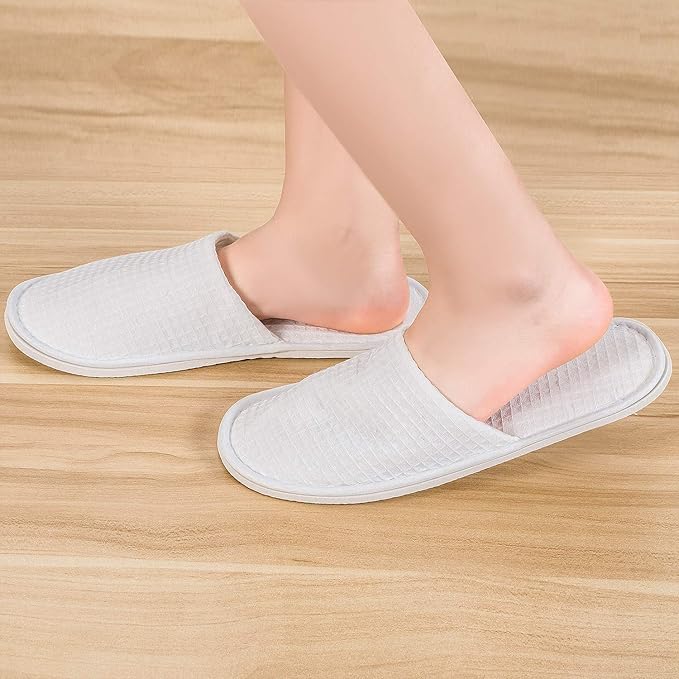 AhfuLife echoapple Waffle Closed Toe White Slippers-Two Size Fit Most Men and Women for Spa, Party Guest, Hotel and Travel (Medium, White-10 Pairs)
