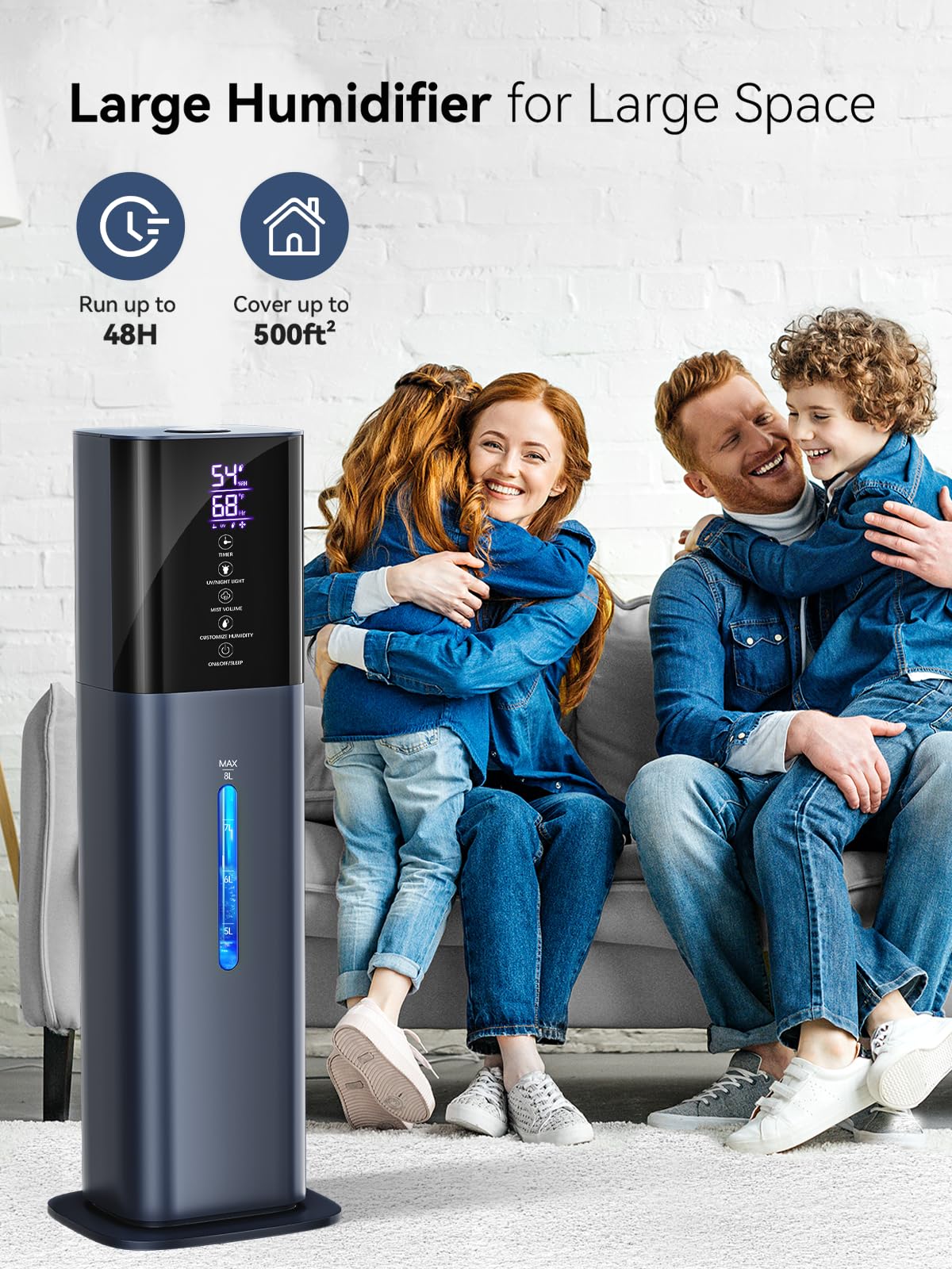 Humidifiers for Bedroom, 2.11Gal 8L Quiet Humidifiers for Large Room with Timer, 360°Nozzle, 3 Speed Ultrasonic Cool Mist Humidifier with Humidistat for Baby, Customize humidity for Home Adults Plants