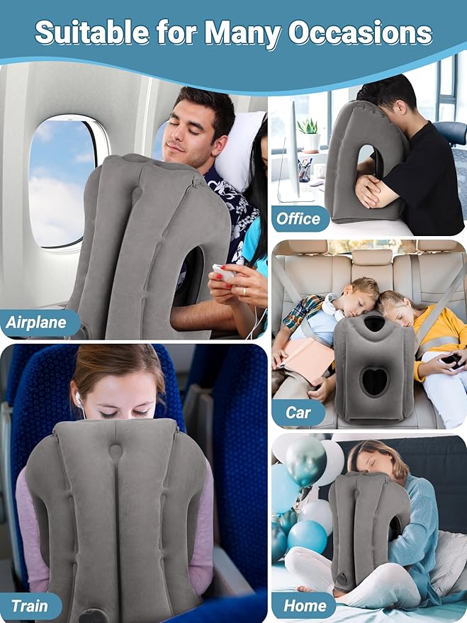 Maliton Inflatable Travel Pillow for Airplane Comfortable Sleeping to Relieve Neck and Shoulder Pain, Support Head Inflatable Pillow for Long Flights, Used for Airplanes, Cars, Trains(Dark Grey)