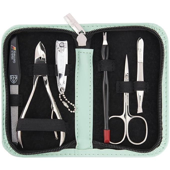 3 Swords Germany - brand quality 6 piece manicure pedicure grooming kit set fashion leather case mint, Made in Germany